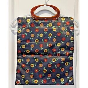 Vintage 1960s Floral Folding Tote Bag Lucite Handles Mod Snap Travel Purse